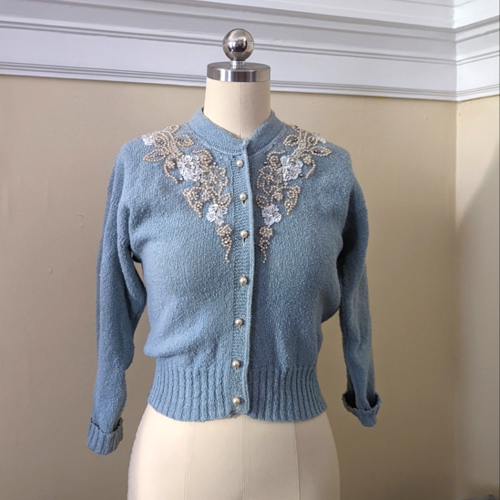 VINTAGE 1950s Light Blue Wool Cardigan Sweater with Beadwork!
